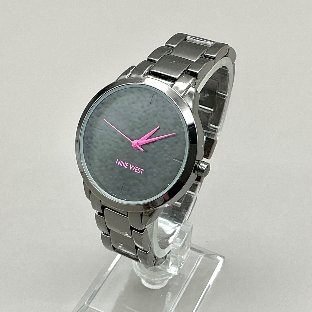 Nine West Watch Womens NW/2435VT Black Dial Pink Hands Silver 7.25" NEW BATTERY